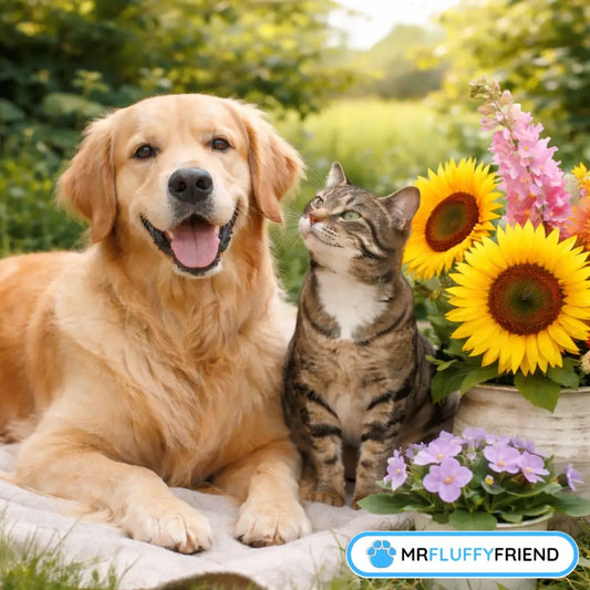 Un golden retriever et un chat tigré assis à côté de tournesols et d’orchidées Phalaenopsis sans danger pour les animaux.