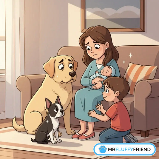 Golden Retriever triste et Boston Terrier montrant des signes de jalousie près d’une mère tenant son bébé.